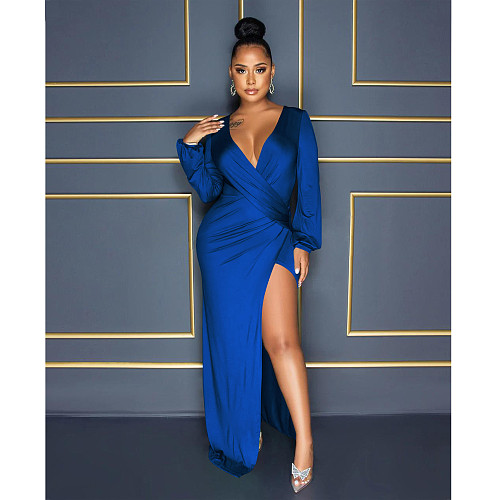 Sexy Deep V Neck High Slit Ruched Evening Dresses BY-6070
