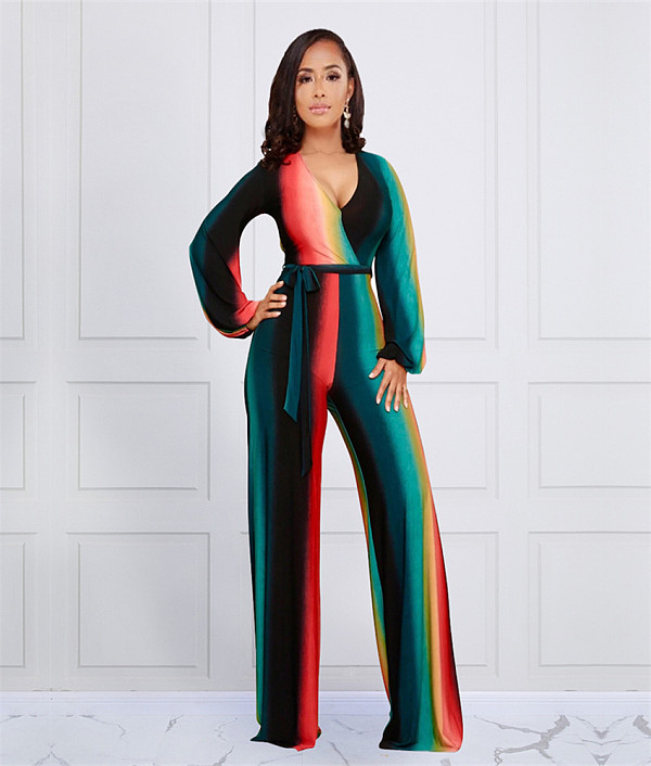 Rainbow Striped V Neck Lace Up Wide Leg Jumpsuits JLY-19497