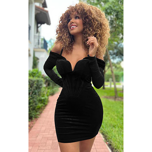 Mesh Velvet Patchwork Off Shoulder Party Dresses BY-6080