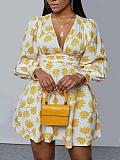 Leaves Print V Neck Long Sleeve Plus Size Dresses TB-5621