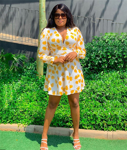 Leaves Print V Neck Long Sleeve Plus Size Dresses TB-5621