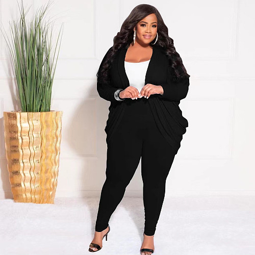 Plus Size Solid Cardigan Pencil Pants Two Piece Sets JLY-19495