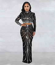 Sexy Clubwear Mesh Hot Drilling See Through Skirts Set BY-6028