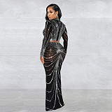 Sexy Clubwear Mesh Hot Drilling See Through Skirts Set BY-6028