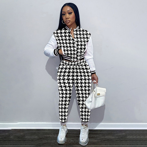 Plaid Patchwork Baseball Jacket Pants Sweatsuit FSL-203