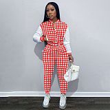 Plaid Patchwork Baseball Jacket Pants Sweatsuit FSL-203