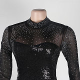 Sexy Diamond Hot Drill Mesh Feather Long Sleeve Dress NY-2560