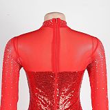 Sexy Diamond Hot Drill Mesh Feather Long Sleeve Dress NY-2560