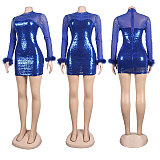 Sexy Diamond Hot Drill Mesh Feather Long Sleeve Dress NY-2560