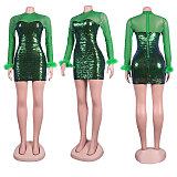 Sexy Diamond Hot Drill Mesh Feather Long Sleeve Dress NY-2560
