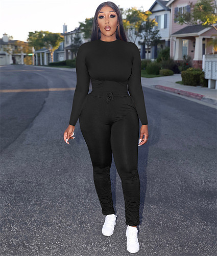 Cotton Solid Color T Shirt Ruched Skinny Pants Outfits TE-4506