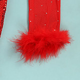 Sexy Diamond Hot Drill Mesh Feather Long Sleeve Dress NY-2560