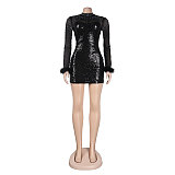 Sexy Diamond Hot Drill Mesh Feather Long Sleeve Dress NY-2560