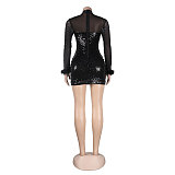Sexy Diamond Hot Drill Mesh Feather Long Sleeve Dress NY-2560