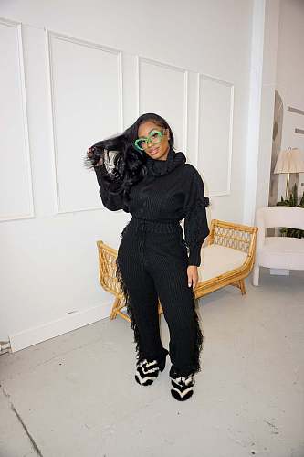 Turtleneck Knitted Sweater Tassel Side Pants Suit CM-8646