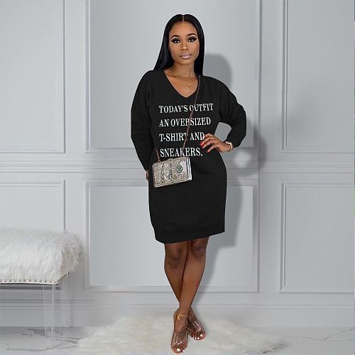 V Neck Long Sleeve Loose Casual T Shirt Dresses MEM-8247