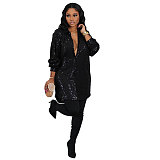 Turn Down Collar Long Sleeve Sequin Shirt Dresses NY-2625