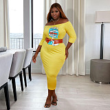 Fall Off Shoulder Letter Print Casual Plus Size Dresses JLY-19509