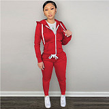 Casual Solid Basic Hoodie Jacket Two Piece Pants Sets DN-8777