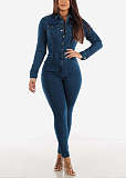 Single-breasted Long Sleeve Skinny Denim Jumpsuits LX-3538