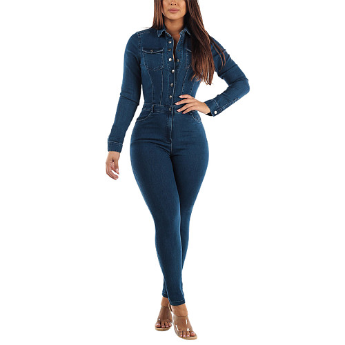 Single-breasted Long Sleeve Skinny Denim Jumpsuits LX-3538