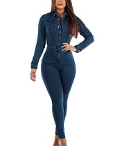 Single-breasted Long Sleeve Skinny Denim Jumpsuits LX-3538