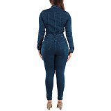 Single-breasted Long Sleeve Skinny Denim Jumpsuits LX-3538