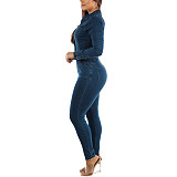 Single-breasted Long Sleeve Skinny Denim Jumpsuits LX-3538