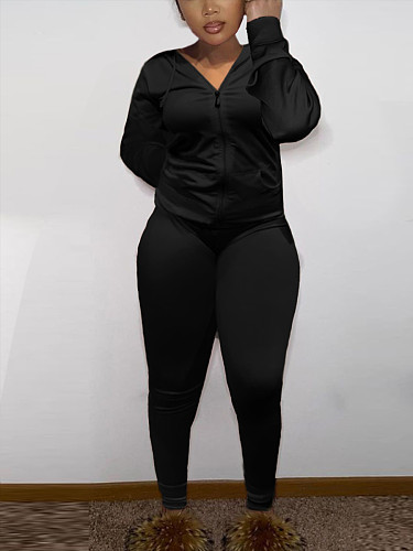 Solid Color Zipper-up Jacket Sporty Pants Two Piece Sets HGL-1980