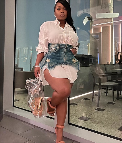 Long Sleeve Turn Down Shirts+Denim Skirt 2 Piece Set MEM-88468