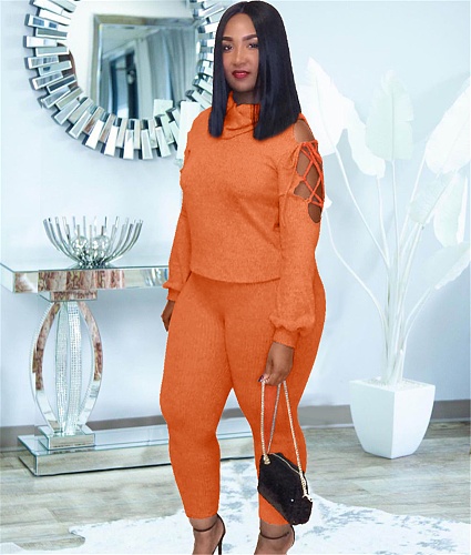 Turtleneck Cut Out Shoulder Tops Legging Pants Sets MDF-5351