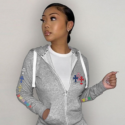 Casual Print Zipper Hooded Sweatshirt Coats DN-8555S13
