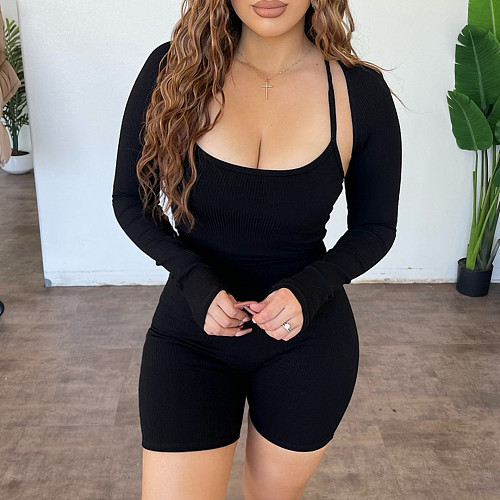 Long Sleeve Shawl Crop Tops+Halter Backless Rompers Set ASL-6627