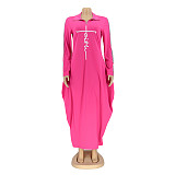 Long Sleeve Zipper Turn Down Collar Loose Maxi Dresses OQ-061