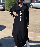Long Sleeve Zipper Turn Down Collar Loose Maxi Dresses OQ-061