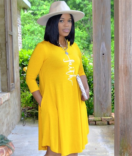 Faith Letter Print 3/4 Sleeve Knee Length Dresses OQ-062