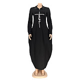 Long Sleeve Zipper Turn Down Collar Loose Maxi Dresses OQ-061