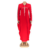 Long Sleeve Zipper Turn Down Collar Loose Maxi Dresses OQ-061