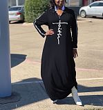 Long Sleeve Zipper Turn Down Collar Loose Maxi Dresses OQ-061