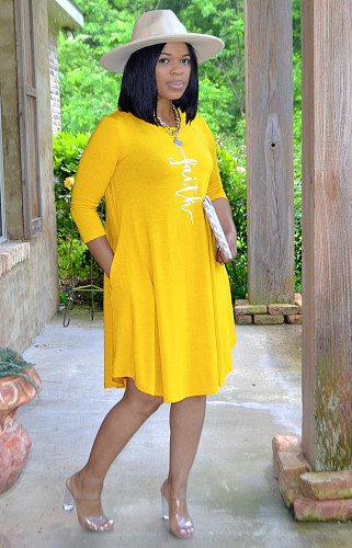 Faith Letter Print 3/4 Sleeve Knee Length Dresses OQ-062