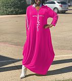 Long Sleeve Zipper Turn Down Collar Loose Maxi Dresses OQ-061