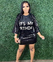 Half Sleeve Loose Sequins Print Letters T Shirt Dress BGN-276