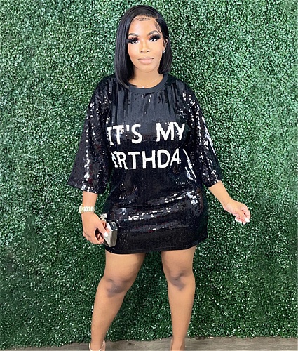 Half Sleeve Loose Sequins Print Letters T Shirt Dress BGN-276