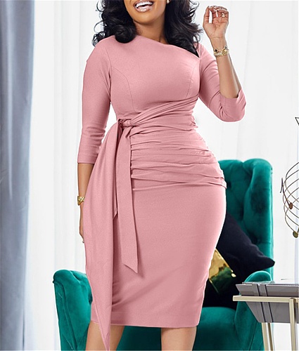 Elegant Skew Collar 3/4 Sleeve Ruched Lace Up Dresses BGN-273