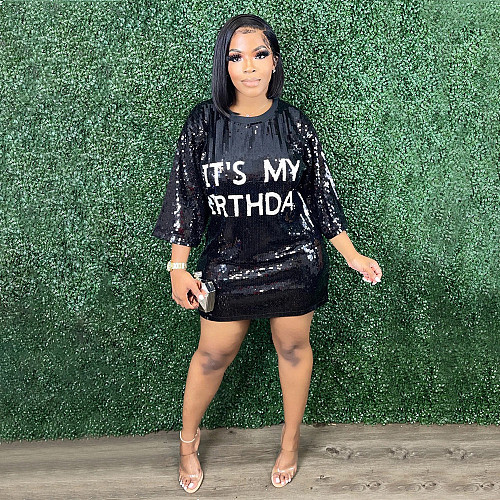 Half Sleeve Loose Sequins Print Letters T Shirt Dress BGN-276