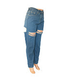 High Waist Cut Out Ripped Holes Denim Straight Pants LX-5528