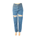 High Waist Cut Out Ripped Holes Denim Straight Pants LX-5528