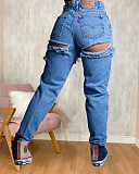 High Waist Cut Out Ripped Holes Denim Straight Pants LX-5528