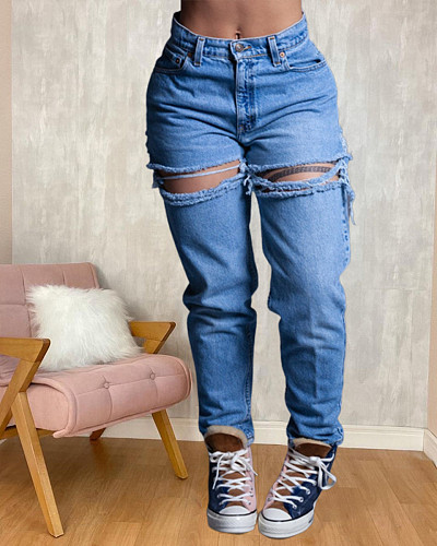 High Waist Cut Out Ripped Holes Denim Straight Pants LX-5528