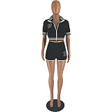 Short Sleeve Zipper Baseball Jacket Shorts Set 2 Pieces FOS-8330